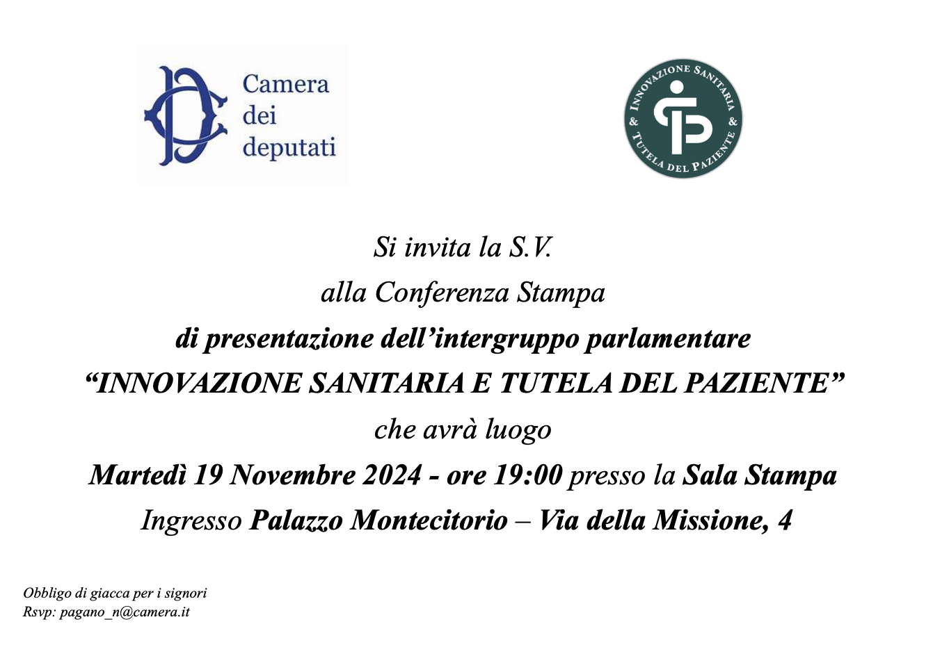 Presentazione Intergruppo Parlamentare “Innovazione Sanitaria e Tutela del Paziente"